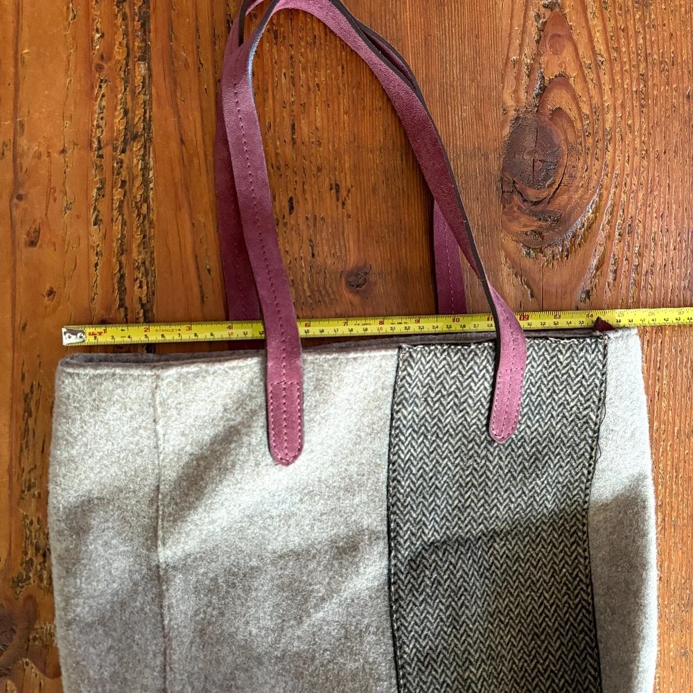 Frau Wool and Suede Tote Bag , Tan and Black Herringbone, Wine/Purple Italy